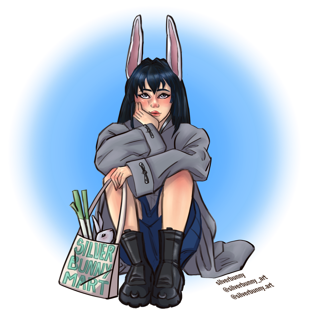 A woman with dark bluish-black hair and silver bunny ears, blushing with her hand supporting her cheek and a dreamy look in her eyes. She is holding a tote bag with the words "silver bunny mart" in a mint colored print; inside is a little grey bunny, stick
